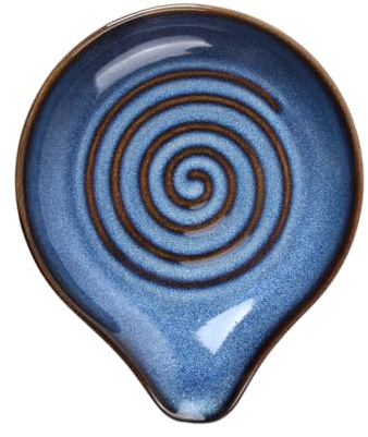 Handcrafted Ceramic Spoon Rest with Elegant Spiral Design - 15.8cm Large Stoneware Utensil Holder for Kitchen Countertop and Stove Top - Heat Resistant, Dishwasher Safe (Rustic Blue & Brown)