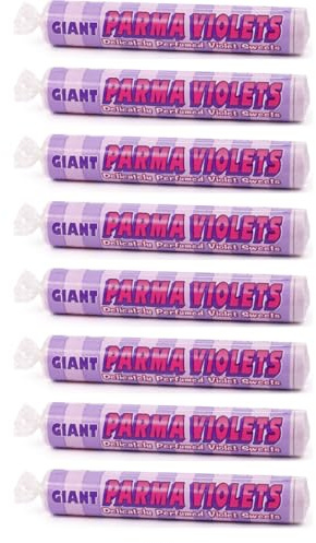 Giant Parma Violets Sweets Rolls (8 Packs x 40g) – Traditional Retro Vegan Candy Large Chalk Tablet Sweet Sharing Packs