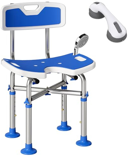 HOMCOM Silla Ducha Personas Mayores con Respaldo, Silla de Ducha Antideslizante con Altura Ajustable en 5 Posiciones, Soporte para Alcachofa, Carga 150 kg, para Ancianos y Discapacitados
