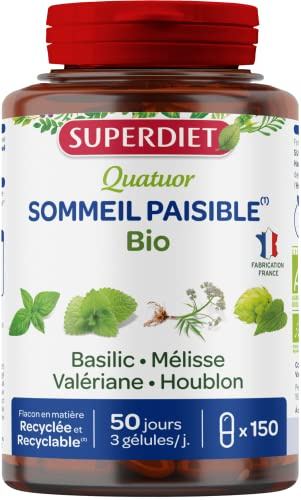 Sommeil paisible Bio - Qualité sommeil - Gélules | Cure de 50 jours - 150 gélules - Basilic, Mélisse, Valériane, Houblon -100% plantes - Vegan -Fabrication française- Superdiet