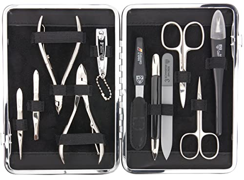 DREI SCHWERTER Germany Maniküreset ´Fano` Nagelset mit Nagelschere, Hautschere, Nagelzange und vielem mehr - 11-teilig im stabilen Rahmenetui - schwarz/Echt LEDER