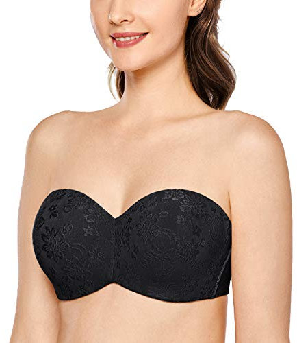 DELIMIRA Donna Reggiseno Senza Spalline Multifunzione con Ferretto Taglie Forti Jacquard Senza Imbottito Nero 4C