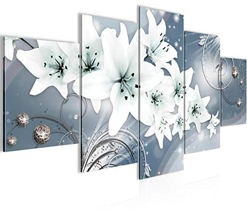 Runa Art - Bilder Blumen Lilien 200 x 100 cm 5 Teilig XXL Wanddekoration Design Grau Blau 006351c