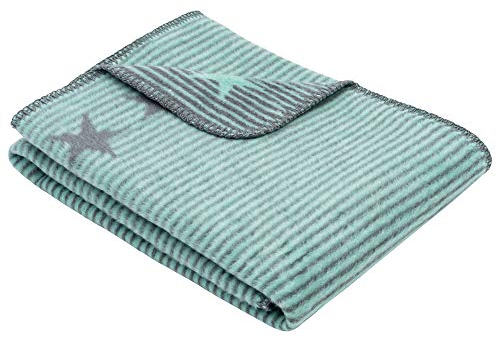 Ibena Lelu Kinderdecke 75x100 cm – Babydecke Mint wollweiß mit Streifen und Sternen, hoher Baumwollanteil kuschelig weich und angenehm warm
