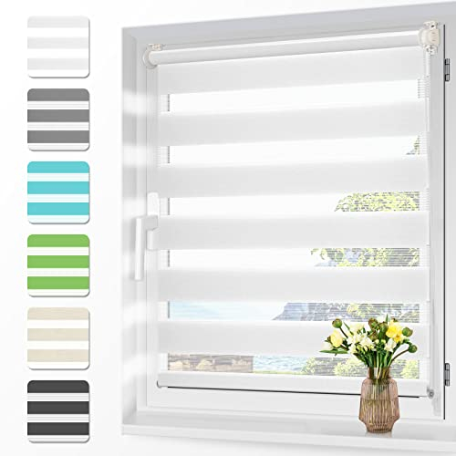 Zarnan Doppelrollo Klemmfix ohne Bohren Weiß 110x140cm(Stoffbreite 106cm) Duo Rollo Blickdicht Zebrarollo Rollos für Fenster ohne Bohren für Wohnzimmer Küche Büro lichtdurchlässig und verdunkelnd