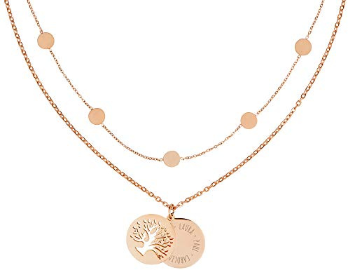 Gravado Mondgold 2er-Set Layering Circle Halskette mit Kreis-Anhängern aus Roségold-Edelstahl 18K und Kette mit Kreis und Lebensbaum Cut-Out Anhänger, Personalisiert mit Namen, Damen Schmuck