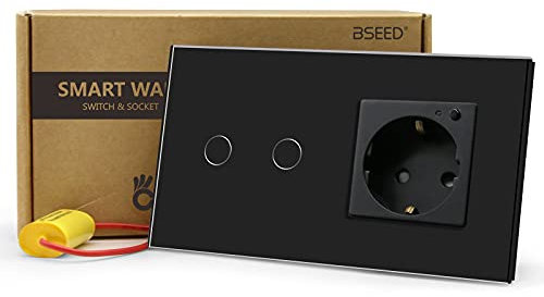 BSEED Interruptor de Luz Táctil WiFi Inteligente,Panel de Cristal,Compatible con Alexa, Smart Life y Tuya (No Necesita Cable Neutro),2 Gang 1 Vía con 1 WIFI Enchufe,157mm Negro