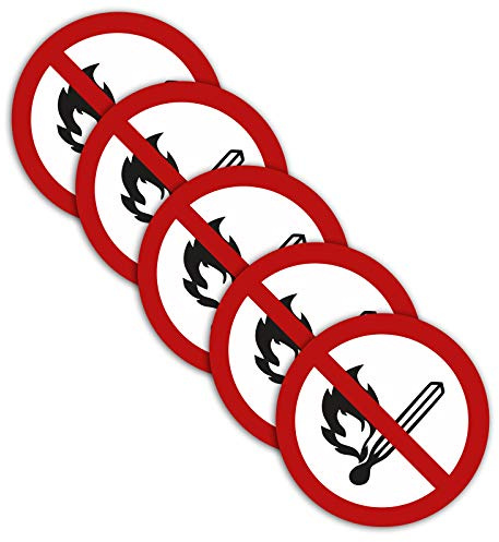 STROBO 5 Stück XXL Aufkleber Offenes Feuer verboten mit Ø 21 cm | Sticker mit geschlitzter Rückseite für den Innen- und Außenbereich | UV-Schutz, Wind- und Wetterfest