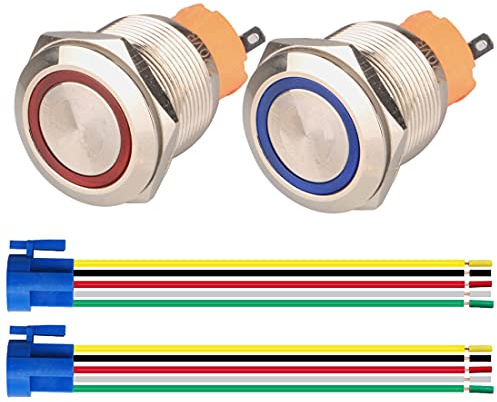 GUUZI 2pcs Pulsadores Momentáneos 1NO1NC Carcasa de Acero Inoxidable Impermeable 220V-230V/5A Anillo LED Botón Iluminado con Enchufe de Cable Adecuado para Orificio de Montaje de 22mm(Azul+Rojo)