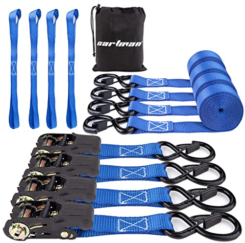 Cartman Ratschen-Spanngurte 4er Pack, 4,57 m x 2,5 cm, bis 900 kg Bruchlast – Premium Zurrgurte mit gepolsterten Griffen + 4er Pack Soft Loops 45 cm, ideal zum Transport & Sichern von Ladung