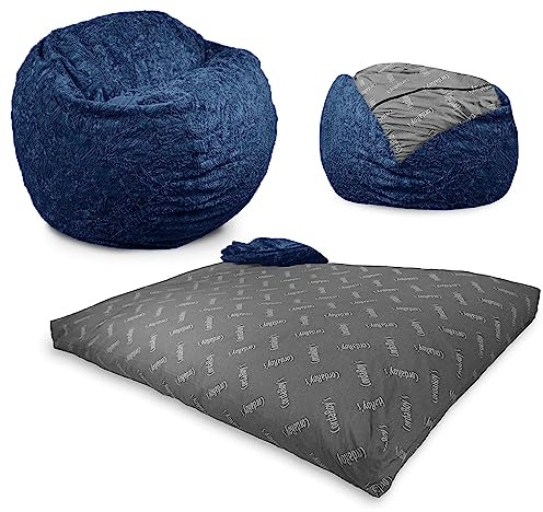 CordaRoy's Faux Fur Bean Bag-Convertible Bean Bag Chair -Machine-Washable Faux Fur Fabric Cover for Basement, Living Room, Game Room, Dorm & More - Youth Size - Navy | Made in the USA