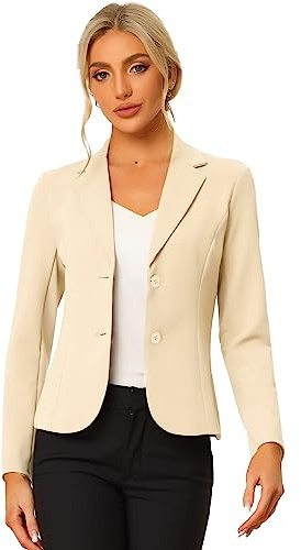 Allegra K Women's Work Office Blazers Stretch Lapel Collar Long Sleeve Jacket Suit Blazer Medium Beige