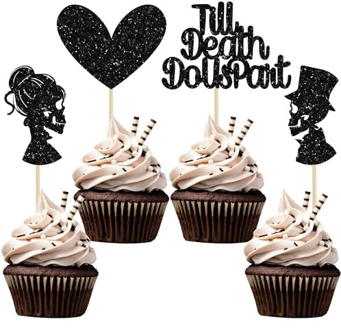Gyufise 24Pcs Happy Galentine's Day Cupcake Toppers Black Glitter Till Death Do Us Part Cupcake Picks Valentine's Day Theme Birthday Party Cake Decorations Supplies