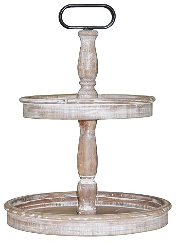 Krismax Decorative Trays - Two Tiered Tray Stand Rustic Decor Farmhouse 2 Tiered Tray Serving Tray Seasonal & Holiday Decoration Wooden Tray