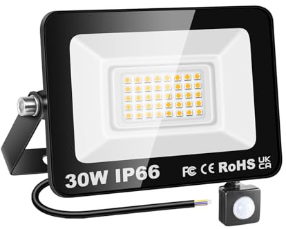 RIGIDON 30W Flood Light Outdoor Motion Sensor, Warm White Security Light | 4000K, PIR, 3000LM, Super Bright, IP66 Waterproof, Garden Wall Floodlight for Garage, Yard, Sports Ground, Patio