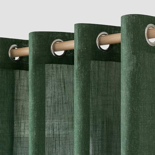 MIULEE Voile Gardine Leinenoptik Ösen 2er Set B140 H225 Dunkelgrün | Luftige halbtransparente Voile mit Leinenoptik und Metallösen, modern, dekorativ für Wohnzimmer, Schlafzimmer und Küche