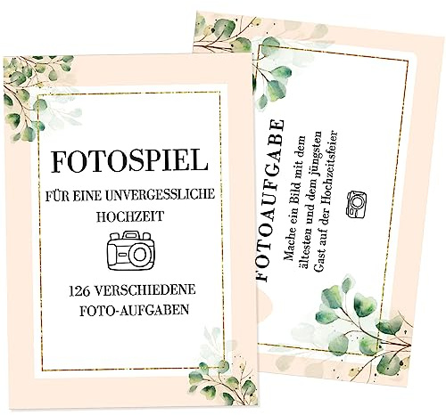136PCS Fotoaufgaben Hochzeit, 126 Fotoaufgaben + 10 Blanko Fotokarten, Lustiges Hochzeitsspiel Karten, Fotoaufgabe Fotospiel, Hochzeitsspiel für Gäste & Brautpaar(B)