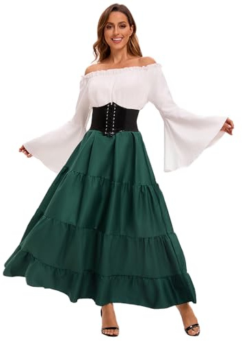 Feynman Robe médiévale rétro pour Femme avec Manches Trompette - Reine Victorienne médiévale Renaissance Gothique - Robe Maxi pour Carnaval, Halloween, fête