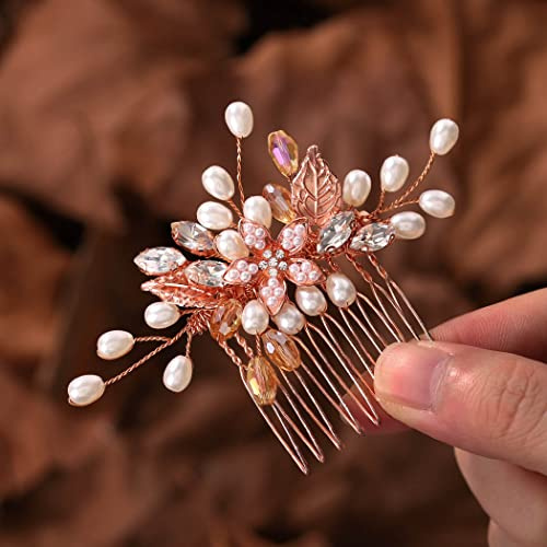 Ushiny Perle Braut Hochzeit Haar Kamm Rose Gold Kristall Braut Haar Stück Blume Haar Zubehör für Frauen
