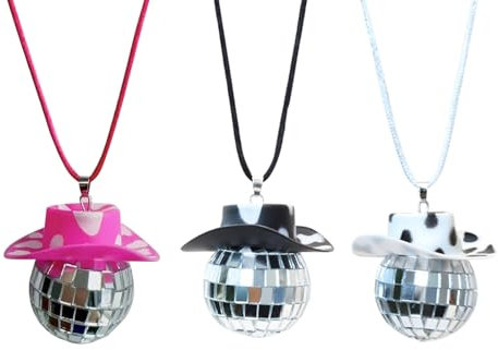Bekecidi 3 Pièces Pendentif Boule Disco Miroir, Chapeau de Cowboy 4 cm Collier Boule Miroir Accessoires de Suspension de Voiture, Décorations de fête à la Maison