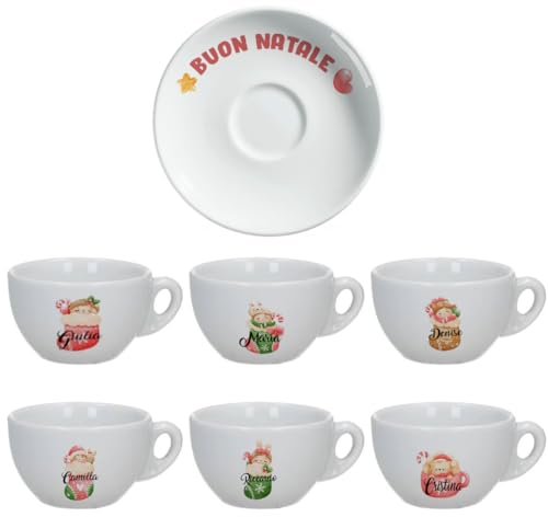 Buon Natale Set 6 Tazzine da Caffè + Piattini in Ceramica Personalizzati con Nomi e Scatola Rossa a Tema Natalizio Idea Regalo Originale Feste Cucina Prima Colazione Mattina Arredo Casa Tavola