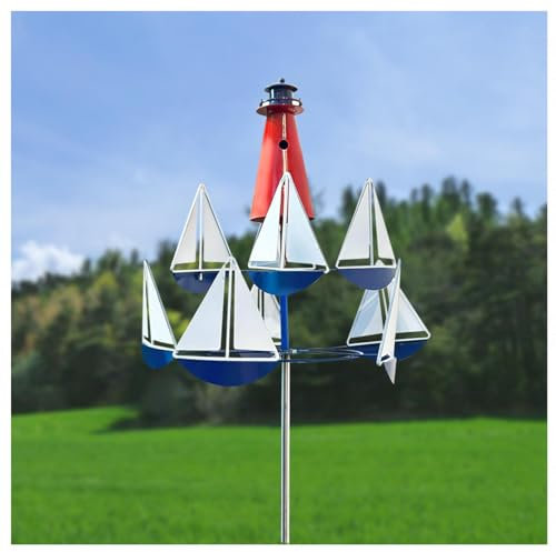 Sculpture Moulin A Vent Metal, Deco De Jardin Exterieur (200/175/150/125/100 Cm RéGlable en Hauteur) éOlienne en Forme De Phare Et De Voilier Decoration De Jardin