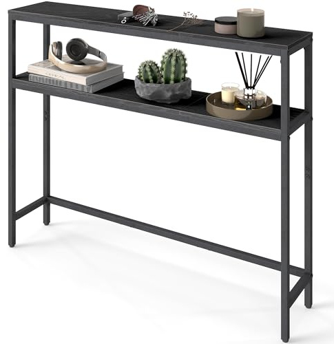 VASAGLE Konsol för korridor, Fint loungebord i 2 plan, 20 x 100 x 80 cm, sidobord med 2 hyllor, för vardagsrum, sovrum, Antracitgrå och Bläcksvart LNT131B22