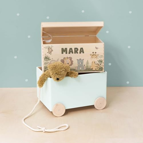 hellomini Personalisierte Spielzeugkiste aus Holz zur Aufbewahrung - Stapelkiste Holz - Spielzeugkiste Kinderzimmer - Personalisiertes Geschenk für Kinder (Safari 2er)