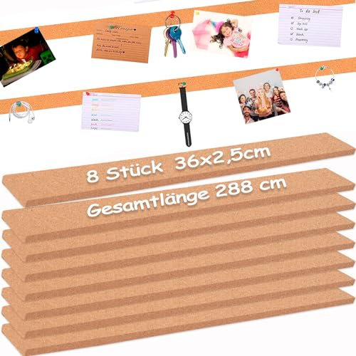 8 Stück kleine Pinnwand Bar Streifen Korkplatte, selbstklebende Pinnwandstreifen für Wände, geeignet für Klassenzimmer, Büro, Zuhause, Küche, Schreibtisch in der Schule, 36x2,5cm-10mm dick, DE