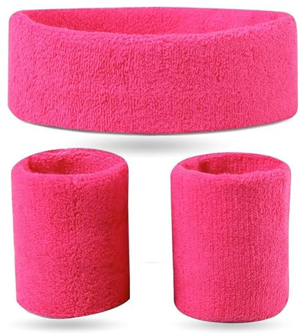 Schweißband & Stirnband Set pink - Vokuhila-Outfits & Retro der 80er und 90er - Accessoire für Fasching und Karneval (5X)