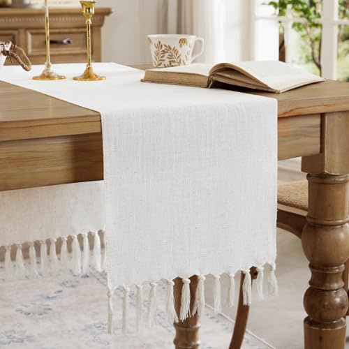 Aoztio Tischläufer Beige, Boho Baumwolle Leinen Tischläufer Outdoor | 33 x 90 cm, Waschbarer, Landhausstil Quasten, Geburtstag, Hochzeit, Festessen Urlaub Parteien und täglichen Gebrauch