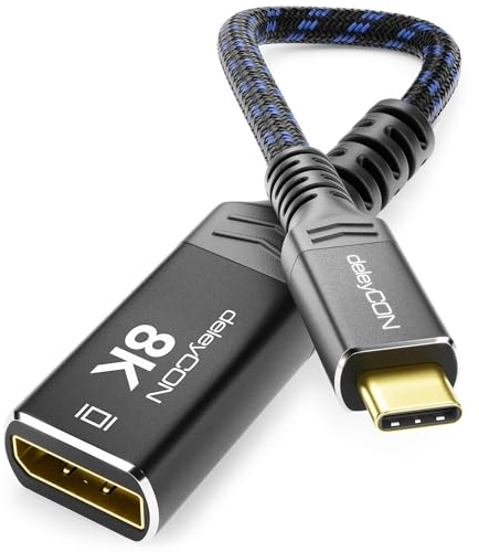 deleyCON Adattatore 8K USB-C a DisplayPort per Monitor (8K@60Hz / 4K@120Hz) in Alluminio, Thunderbolt 3/4, per iPhone 16, 15 Pro Max, MacBook, iPad Pro/Air, Samsung Galaxy S25 S24 S23, Notebook