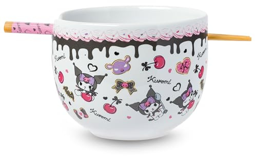 Silver Buffalo Sanrio Hello Kitty and Friends Kuromi Chocolate and Cherry Ceramic Ramen Noodle Rice Bowl with Chopsticks, Microwave Safe, 20 Ounces