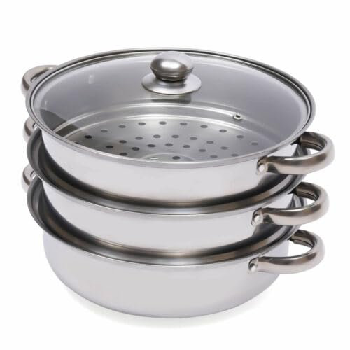 3-stufiger Dampfgarer Topf, 28cm Dampfgarer Pot Steamer Pot mit Glasdeckel Doppelgriff zum Kochen, für Haushalte Restaurants Hotels und Cafés