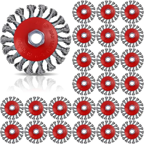 Tandefio 24 Pcs Wire Wheel Brush Wire Wheels with 5/8-11 Threaded Arbor for 4 1/2 Angle Grinder Knotted Wire Cup Brush for Heavy Cleaning Rust Removal(Red,4 Inch)