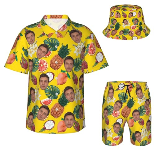 Conjunto hawaiano personalizado con cara, camisa hawaiana divertida personalizada, camisetas personalizadas, pantalones cortos y sombrero de pescador, regalos personalizados para hombres y mujeres.