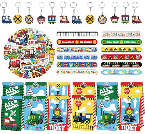 JWTRSVTY 86Pcs Tren Cumpleaños Fiesta Niños Favores, Tren Temático Fiesta Favores, Tren Fiesta Infantil Regalos, Pulsera, Llavero, Bolsas Regalo, Pegatinas, Para Niños Niñas Tren Suministros Fiestas