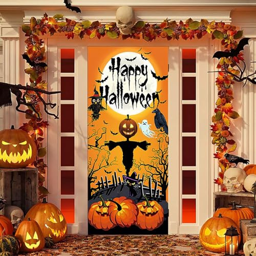 Hixingo Tür Banner Halloween, Happy Halloween Banner 90x200cm Poster Party Banner Hintergrund Türdeko Haustür Halloween Outdoor Deko, für Dekoration Veranda Wand (Vogelscheuche)