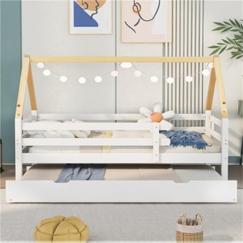 Einzelbett Mit Ausziehbarem Ausziehbett, Kinderbett Aus Massivholz Mit Dach Und Sicherheitsgeländer, 90x200cm, Geeignet Für Jugend- Und Kinderzimmer