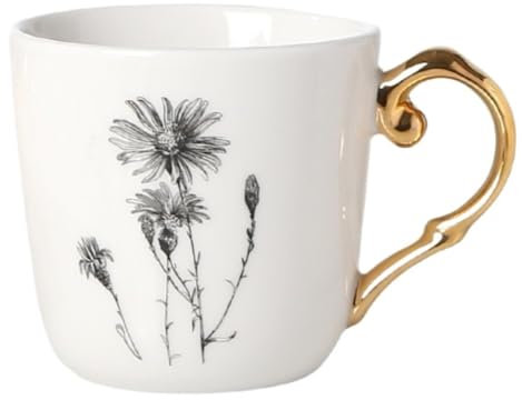 Generic Tazze,Tazze Di Caffè Di Lusso Chiaro Tazza Di Caffè Set Stile Europeo Semplice Piccola Tazza Di Ceramica Maniglia Oro Tazza Pianta Girasole Fiore Cup/Bianco D/9 * 8,5 cm
