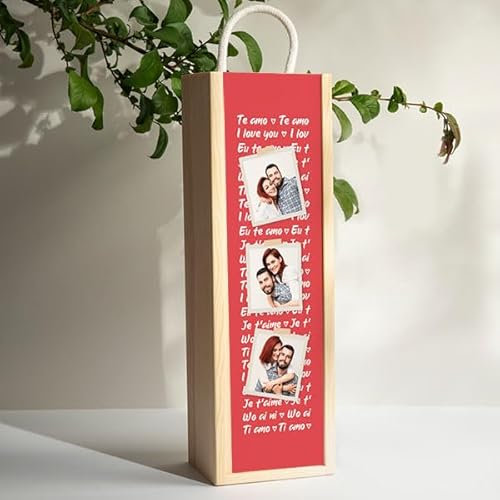 Transparent Gift Caja de Vino Personalizada con Fotos. Estuche de Vino para Regalar. Caja de Madera Personalizada para Regalo. Regalos Originales para Pareja, Novio o Novia. Regalos Personalizados.