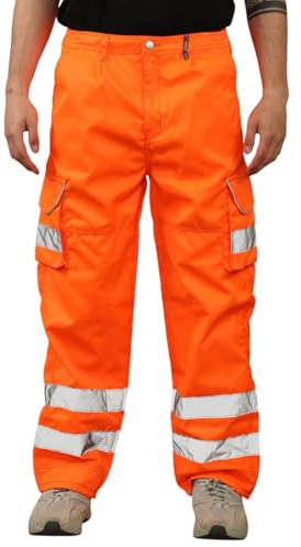 Hi Viz Mens Work Trousers Reflective Safety Hi Vis Joggers - Men High Visibility Satin Combat Workwear Bottoms Pants 2XL Orange