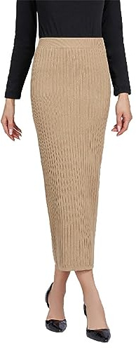 Jupe crayon droite unie en tricot pour femme - Jupe mi-longue - Coupe ajustée - Chaîne, marron, taille unique