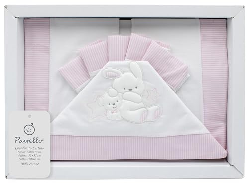 PASTELLO - 3-teiliges Kinderbett-Set, 100% Baumwolle für Neugeborene, Bettwäsche-Set mit Stickerei (Art. LL1F, Rosa)