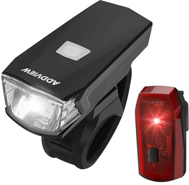 ADDVIEW Fahrradlicht-Set Brilliance – LED Frontlicht 30 Lux mit Akku & Rücklicht mit Batteriebetrieb, StVZO zugelassen, IP65 wasserdicht, kabellose Verbindung, werkzeugfreie Montage, 110 m Reichweite
