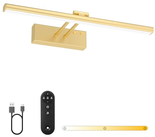 Bath Mirror Wall Light with Remote, 40cm Picture Light Rechargeable 5400mAh Battery, 3 Colors & Adjustable Angle, Dimmable and Timer Art Lamp for Vanity,Display,Bathroom (Gold, 40cm)