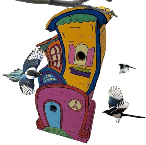 Casa de pájaros de madera, casa de pájaros de madera, pequeña caja anidada con poste de pie, resistente a la intemperie, hecha a mano para de colibríes, refugio de pájaros al aire libre para