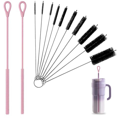 2 Stück Silikon Strohhalm Bürste 6mm+9mm Wiederverwendbare Strohhalmbürsten für Glas Strohhalm, Biegbare Strohhalmbürste mit Klein Reinigungsbürste für Pipetten Reagenzgläser Trichter (Rosa)