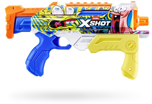 XSHOT Water Bob Esponja Hyperload Lanzador de Agua de ZURU – Lanzador de Agua de Llenado Rápido con Diseño de Bob Esponja, Alcance de 10m y Depósito de 500ml, Juguete de Verano para Niños de 5+