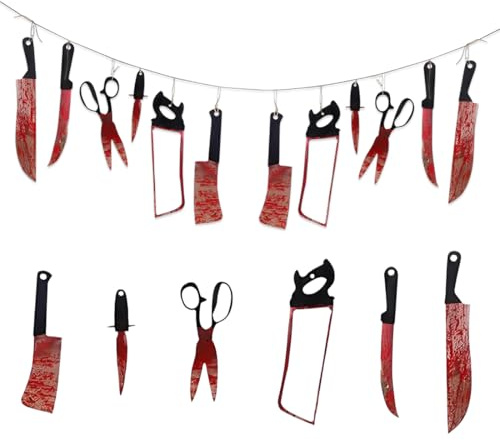 ZORVYN 12 piezas Guirnalda de cuchillos sangrientos realista con sangre, Accesorios PVC, Fácil de Colgar, Reutilizable, Terror Halloween, Fiestas Temáticas, para Puertas, Ventanas, Jardín